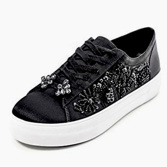 Zara Shoes - ZARA Black Satin Beaded Embellished Sneakers Trainers Lace Up Shoe Women’s 39